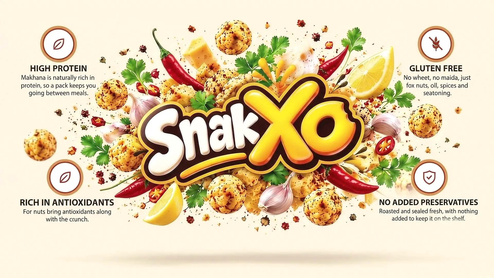 SnakXo logo bursting out of roasted makhana, red chillies, lemon, garlic, coriander and spices